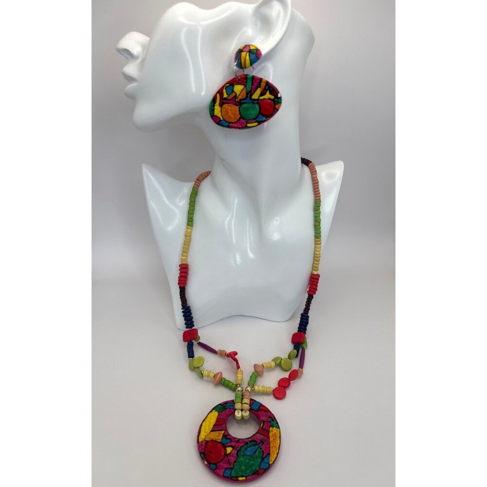 Vintage Colorful Hand Painted Wood Beaded Abstract Statement Necklace & Earrings